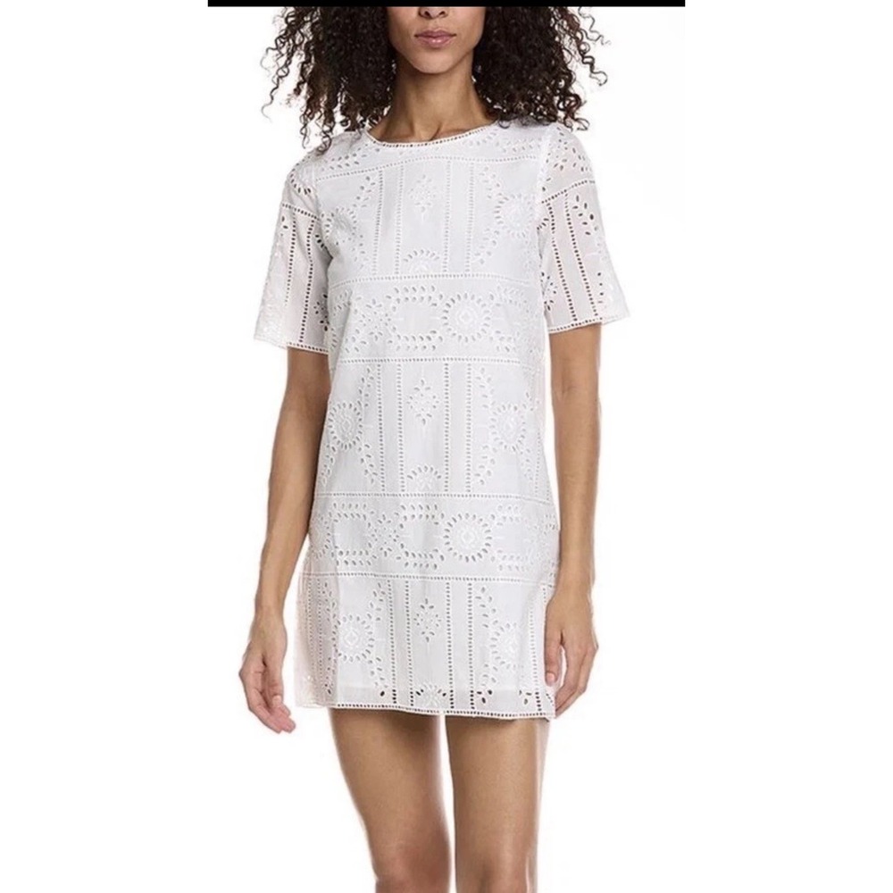 The Kooples White Flower Embroidery Mini Shift Dress Short Sleeve Large NWT $375